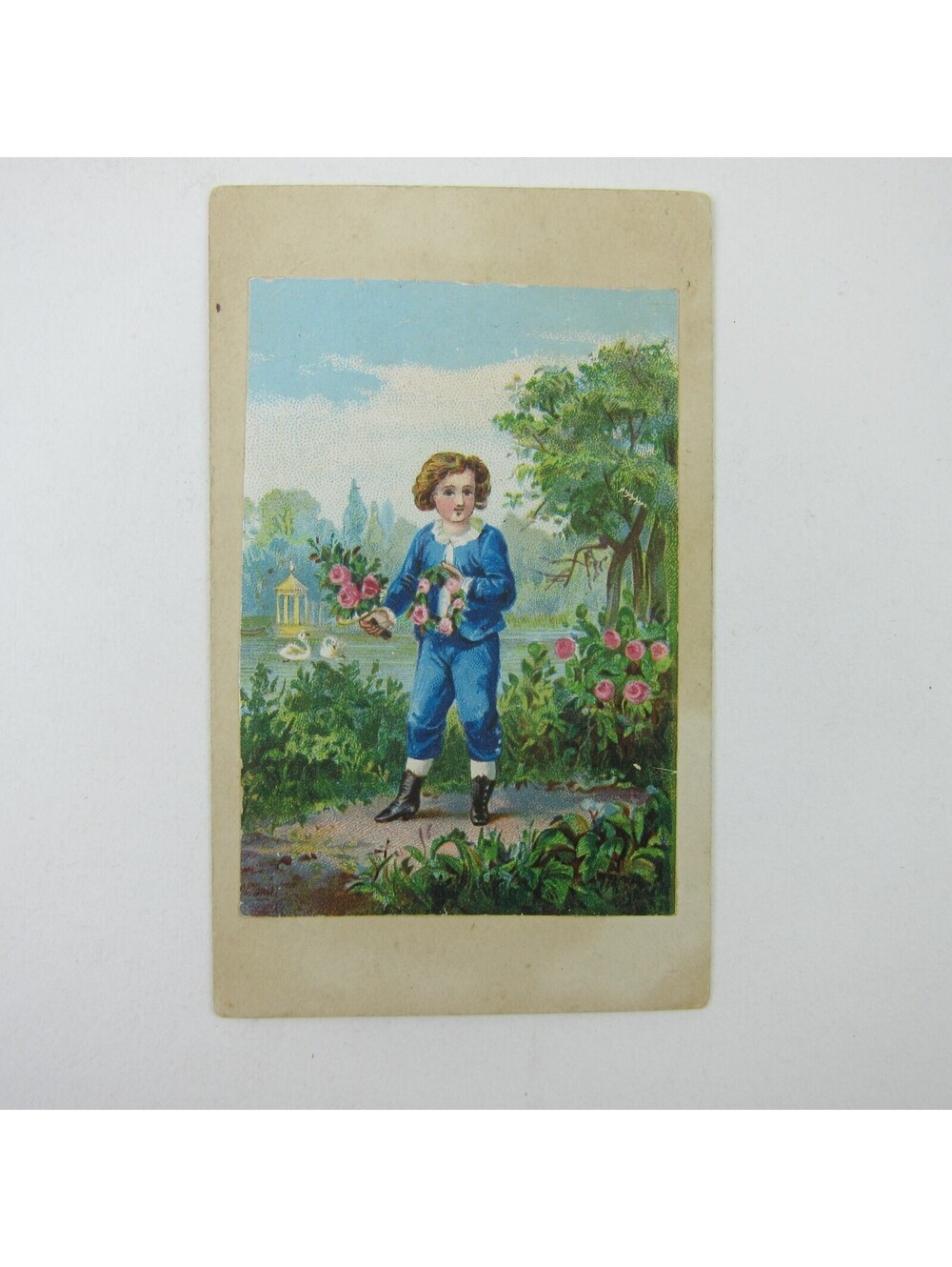 Victorian Art Print Boy Blue Suit Holds Pink Rose Flowers Trees Lake White Swans